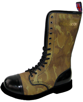 Rangers 14 œillets Nevermind Highlander en tissu camouflage kaki et cuir noir avec bout coqué – style militaire.