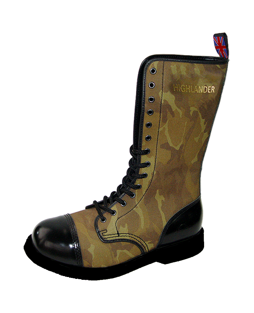 Rangers 14 œillets Nevermind Highlander en tissu camouflage kaki et cuir noir avec bout coqué – style militaire.