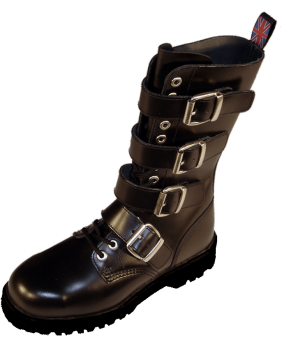 Rangers Nevermind 14 eyelets in black leather with 4 buckles and toe cap – punk rebel style.