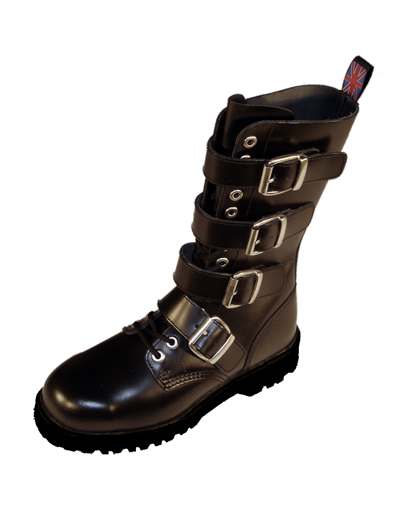 Rangers Nevermind 14 œillets en cuir noir avec 4 boucles et bout coqué – style punk rebelle.