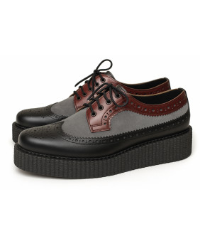 Chaussures creeper derby Nevermind en cuir noir, suédine grise et cuir cherry – Brogue tricolore à semelle de 3 cm