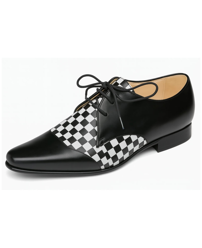 Schwarz-weiße Lederschuhe mit Schachbrettmuster – Nevermind – im grafischen Rockstil