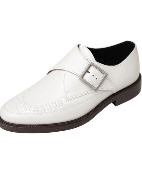 White leather double‑monk derby Nevermind with black lug sole, rock, vintage and avant‑garde style.