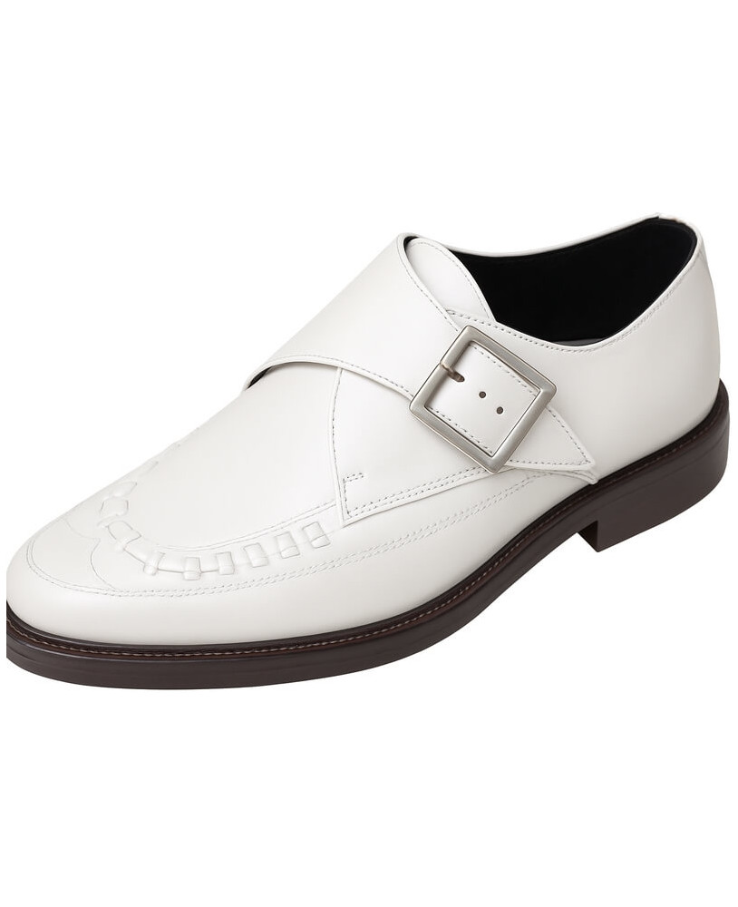 White leather double‑monk derby Nevermind with black lug sole, rock, vintage and avant‑garde style.