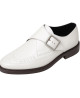 Derby double‑boucle Nevermind en cuir blanc avec semelle crantée noire, style rock, vintage et avant‑gardiste.