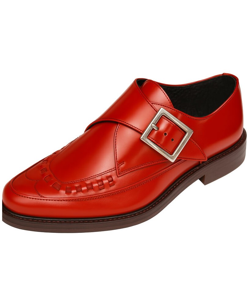 Red leather single‑monk derby Nevermind with rock, vintage and avant‑garde style.