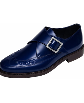 Blue leather shoe with silver buckle, elegant design by Nevermind.