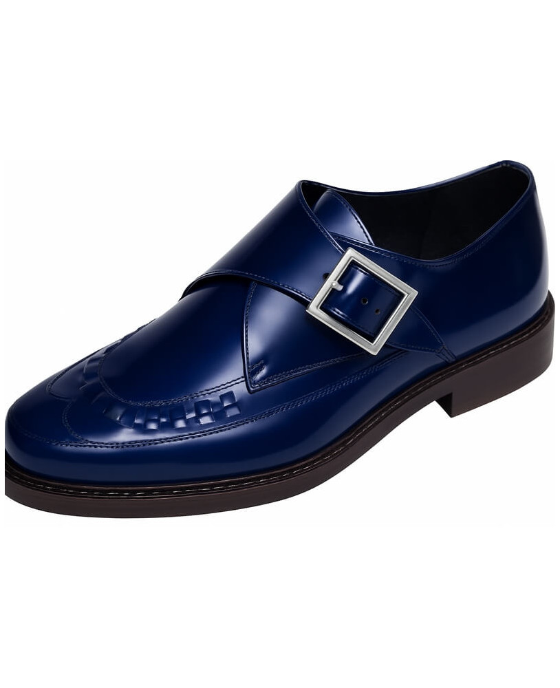 Blue leather shoe with silver buckle, elegant design by Nevermind.