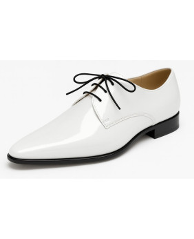 White patent leather oxford Nevermind with black laces, rock, avant‑garde and business chic style.