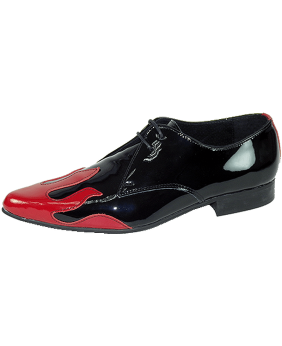 Black patent leather oxford Nevermind with red flame details.