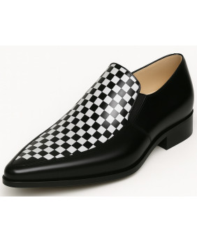 Black leather loafer Nevermind with black‑and‑white checkerboard vamp and slightly pointed toe.