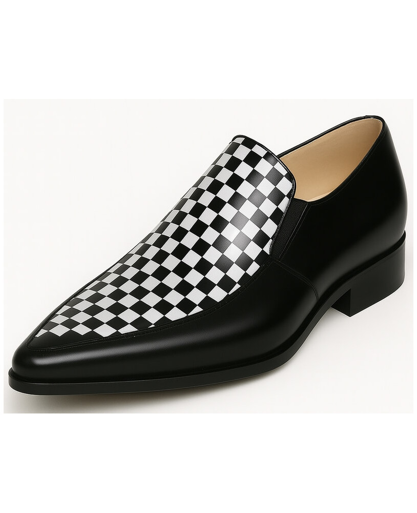 Black leather loafer Nevermind with black‑and‑white checkerboard vamp and slightly pointed toe.