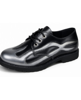 Nevermind black leather derby shoes with silver flame motifs.