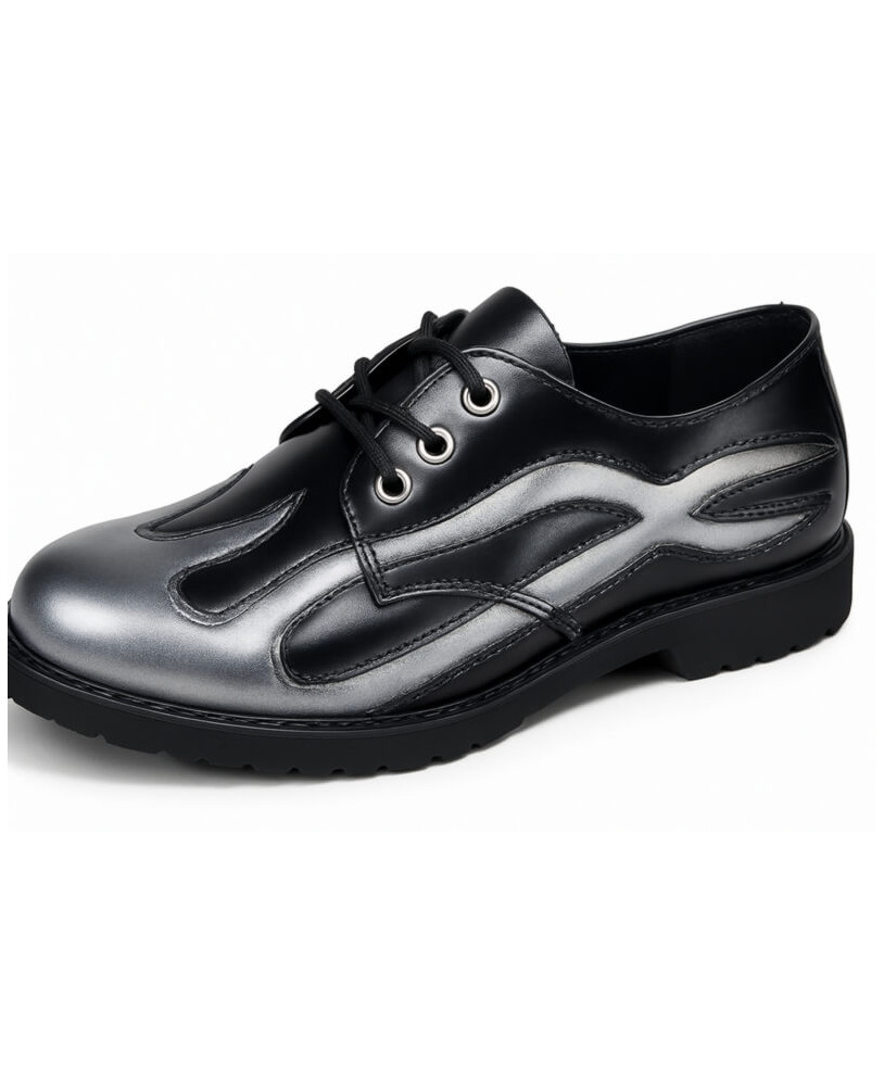 Nevermind black leather derby shoes with silver flame motifs.