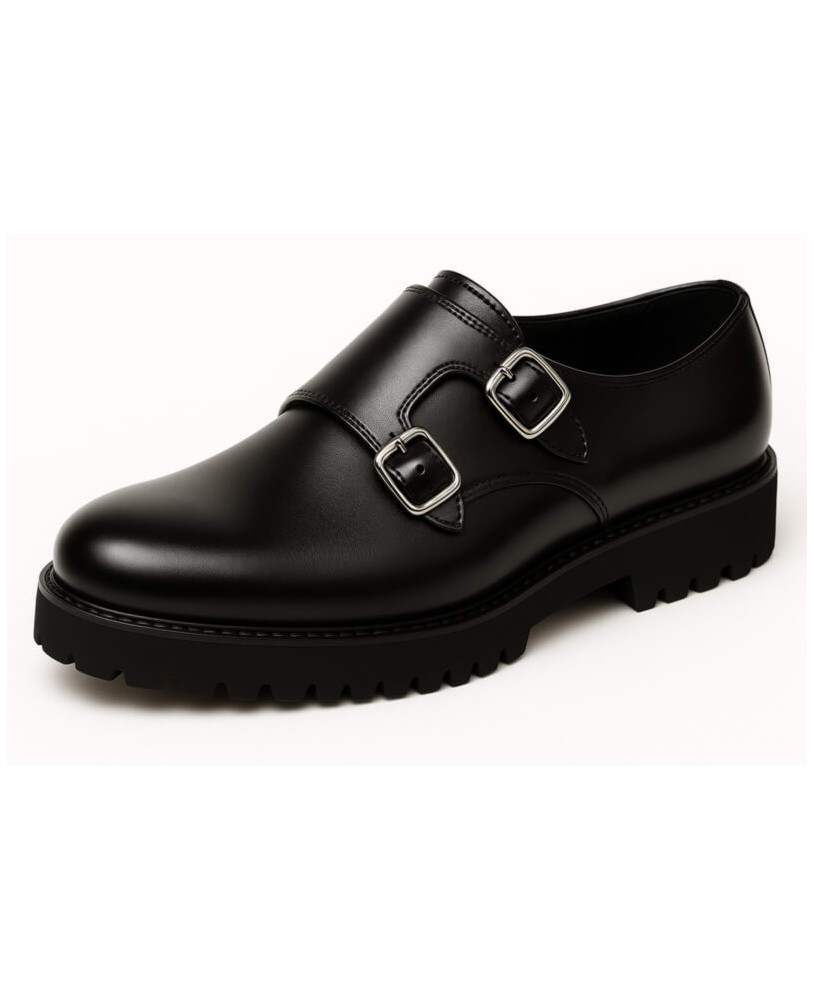 Schwarzer Lederschuh mit Doppelschnalle und Profilsohle, Design von Nevermind.