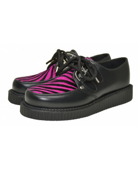 Creepers Nevermind shiny black leather & fuchsia zebra – single sole.