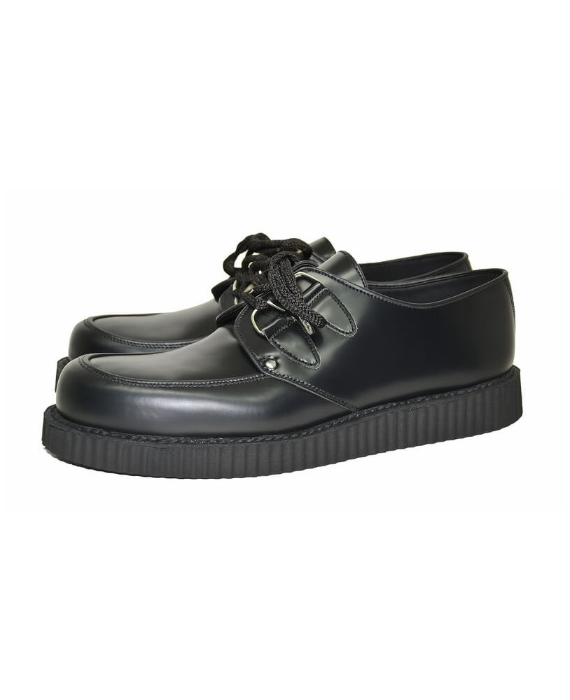 Creepers Nevermind smooth black leather – single black rubber sole.
