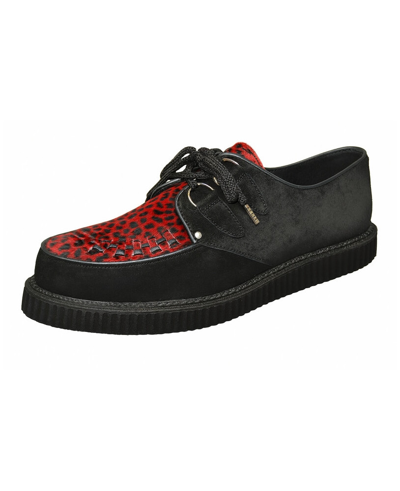 Creepers Nevermind schwarzes Leder & Rindlederfell roter Leopard – einfache schwarze Sohle.