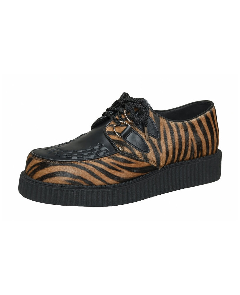 Creepers Nevermind schwarzes Leder & Tigerfell – einfache Sohle.
