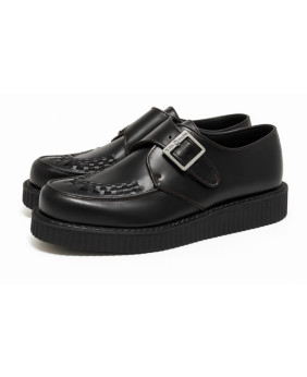 Creepers Nevermind black leather with metal buckle – single black rubber sole.
