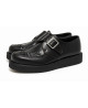 Creepers Nevermind black leather with metal buckle – single black rubber sole.