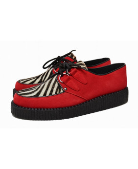 Creepers Nevermind red suede with zebra cowhide, single rubber sole.