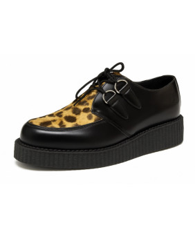 Nevermind single sole black leather creepers with bovine fur leopard panel – wild, iconic, alternative.