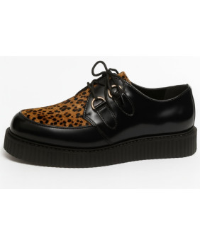 Nevermind single sole creepers in smooth black leather and leopard cowhide – fierce, timeless, underground.
