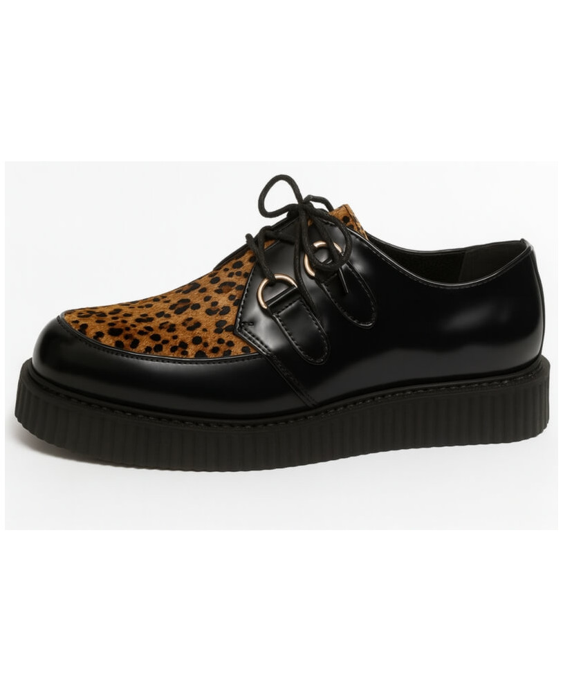Nevermind single sole creepers in smooth black leather and leopard cowhide – fierce, timeless, underground.
