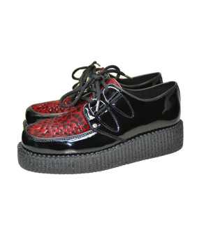 Creepers Nevermind black patent leather with red leopard cowhide vamp, single sole.
