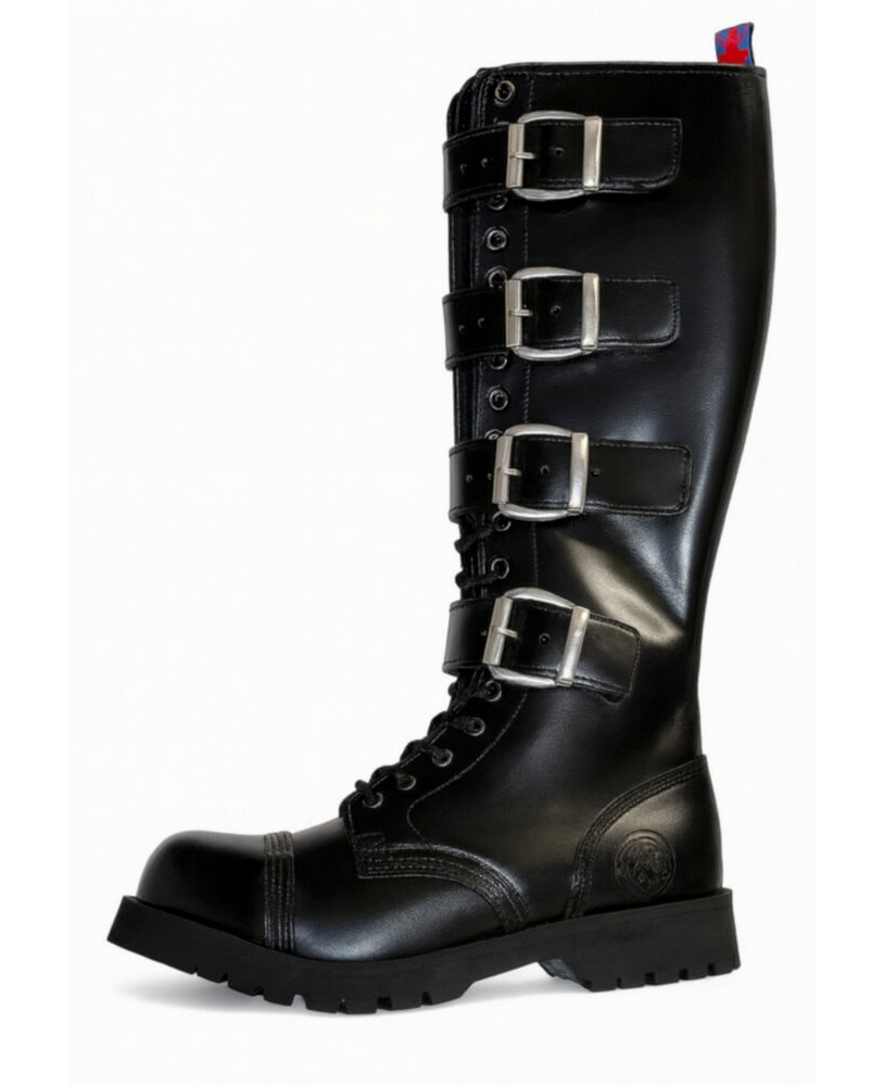 Rangers Nevermind 20 œillets en cuir noir avec 4 sangles – style underground.