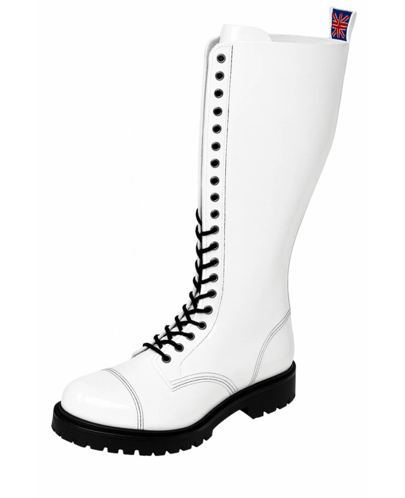 Rangers blanches en cuir verni – modèle 20 trous – Nevermind, silhouette épurée et caractère affirmé.