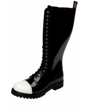 Black and white patent leather rangers – 20-eyelet model by Nevermind, underground design with a bold twist.
