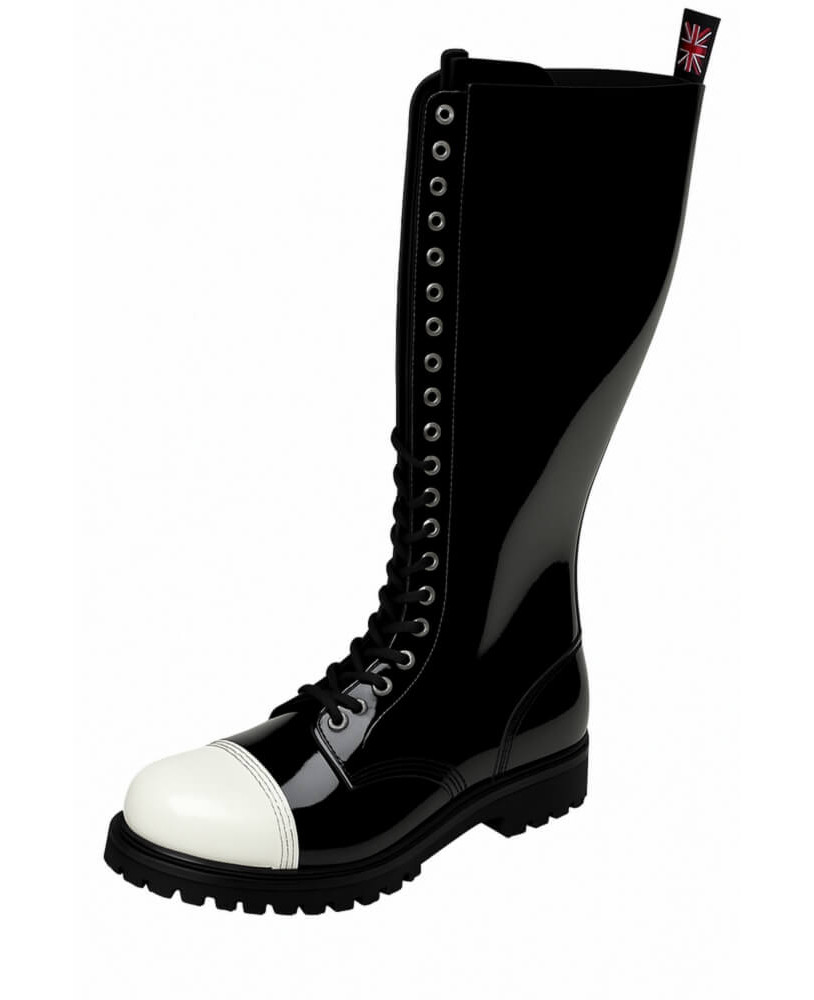 Rangers cuir verni noir à bout blanc verni – modèle 20 trous – Nevermind, design bicolore au caractère affirmé.