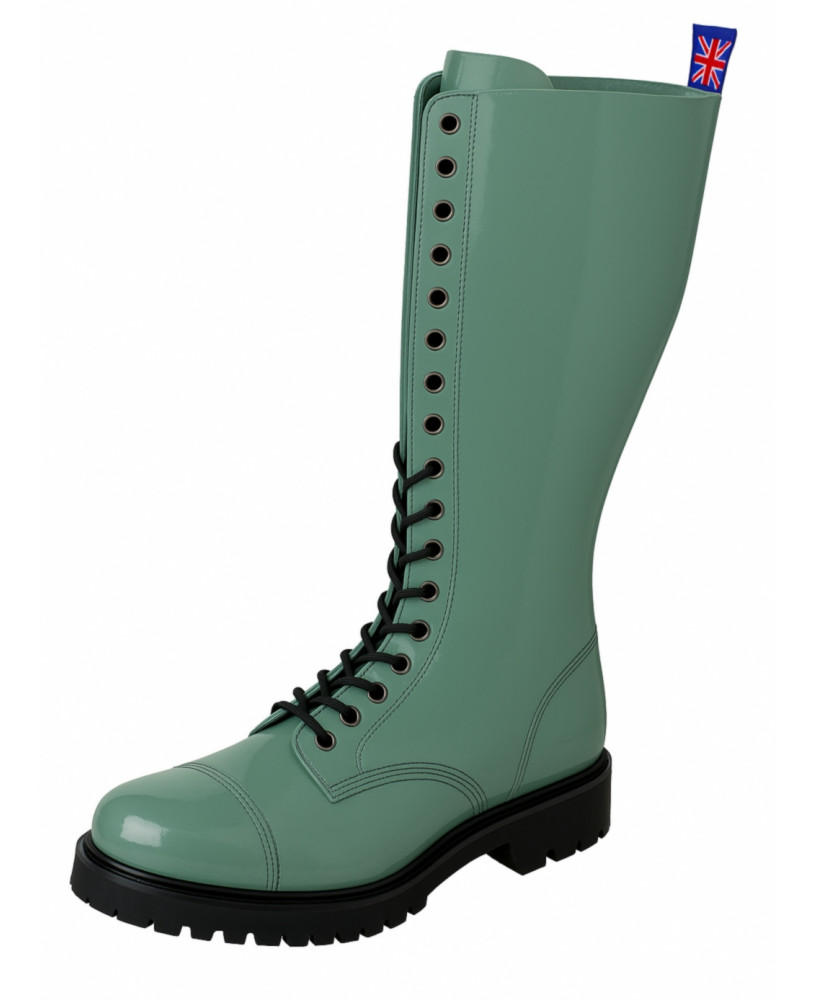 20-eyelet sage green patent leather rangers – Nevermind, British-inspired underground style.