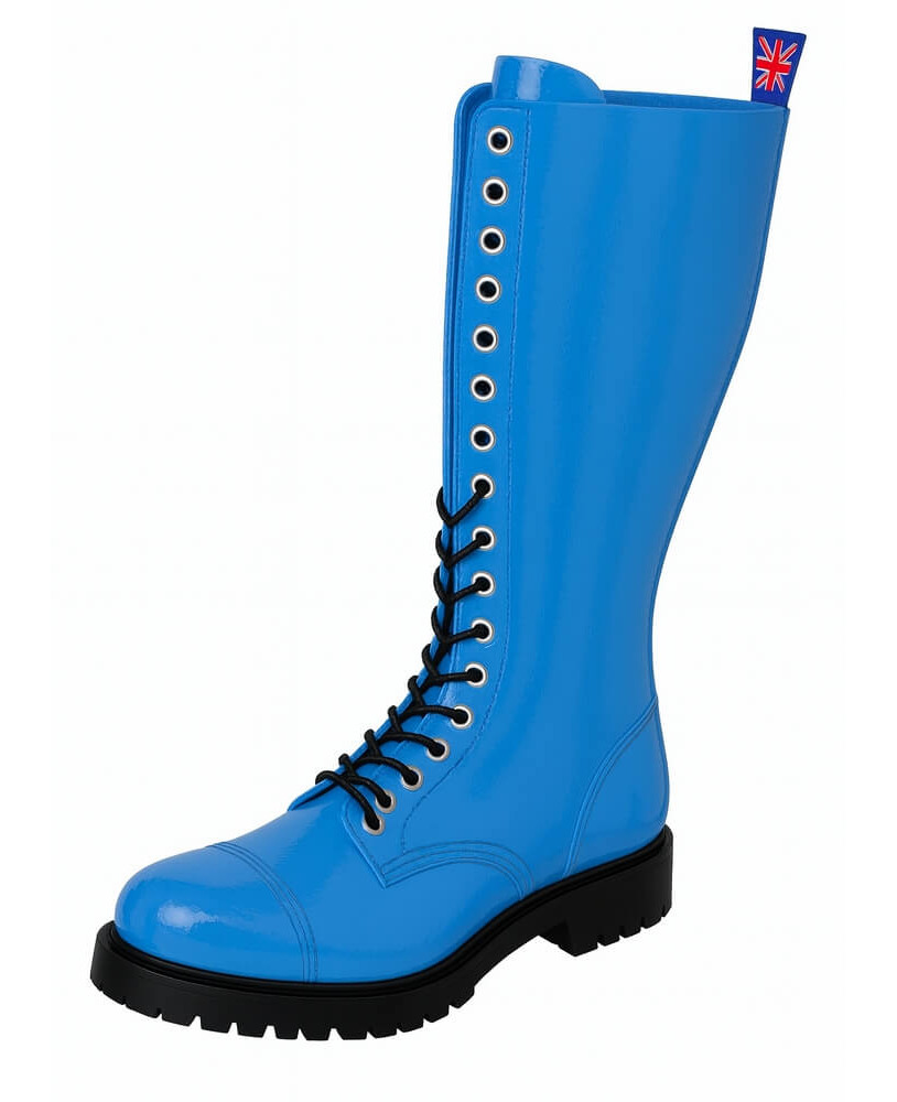 20-eyelet blue patent leather rangers by Nevermind with front lacing.