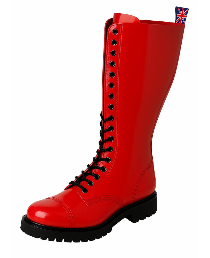 20-eyelet red patent leather rangers by Nevermind with front lacing.