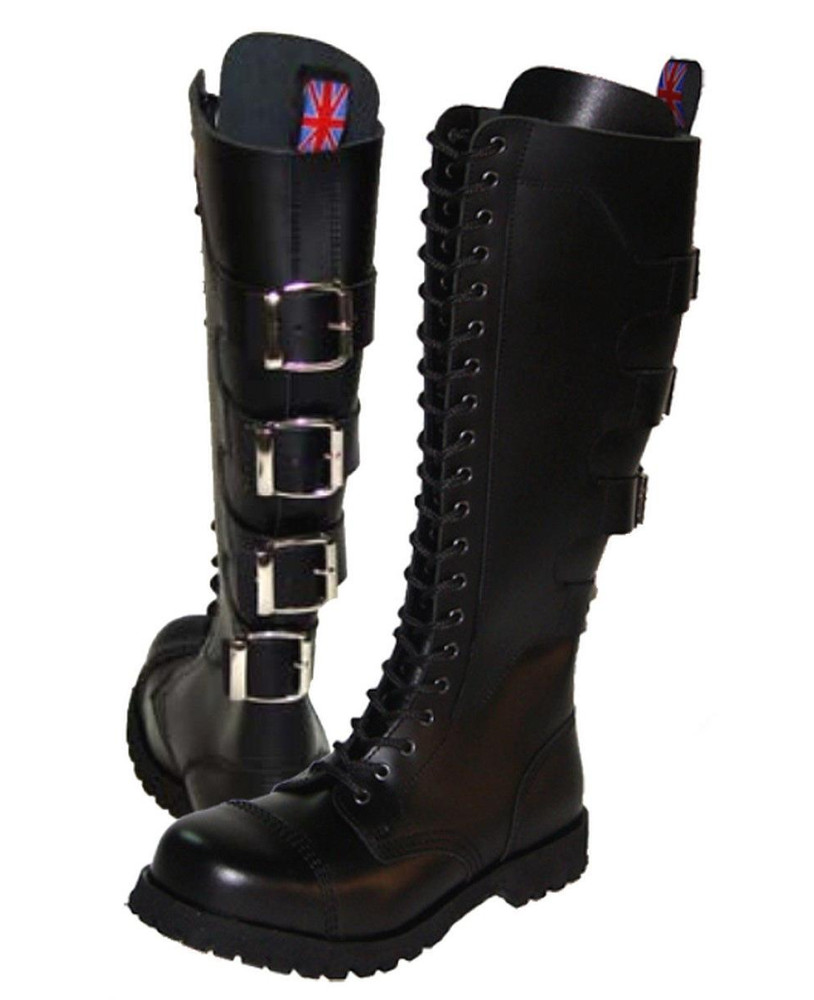 20-eyelet black leather rangers with metal buckles, bold and underground.