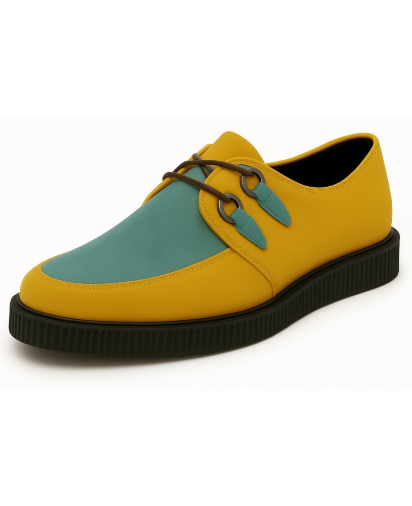 Spitz zulaufende Creepers aus aqua-grünem und gelbem Nubukleder, 3 cm Sohle