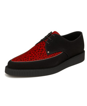 Creepers en nubuck noir avec empeigne en rouge léopard, semelle noire de 3 cm – modèle Nevermind.
