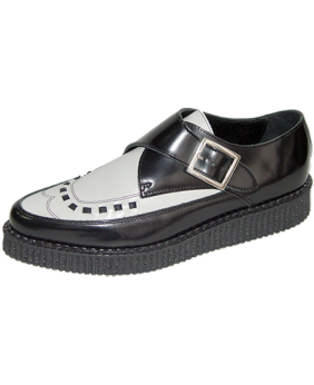 Nevermind pointed toe creepers in black and white leather with metal buckle.
