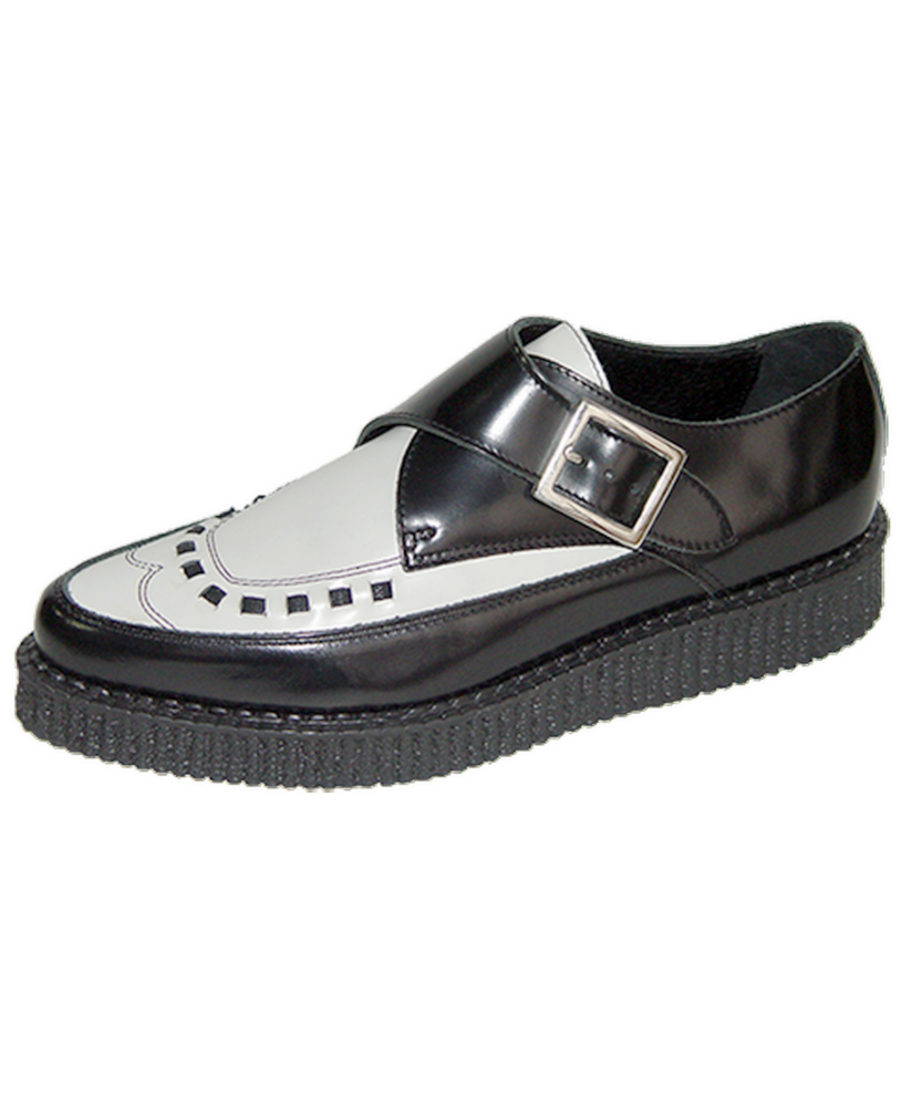 Nevermind pointed toe creepers in black and white leather with metal buckle.