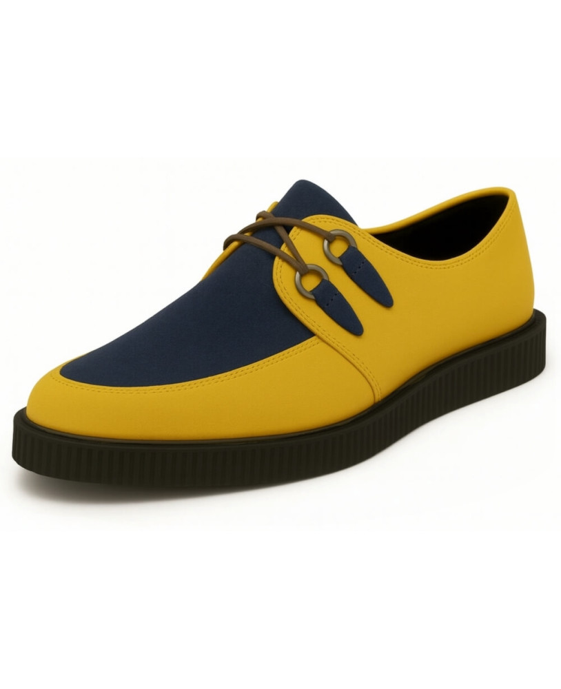 Spitz zulaufende Creepers aus marineblauem und gelbem Nubukleder, 3 cm Gummisohle