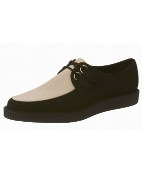 Creepers pointue en nubuck noir et beige clair avec semelle simple en gomme de 3 cm.