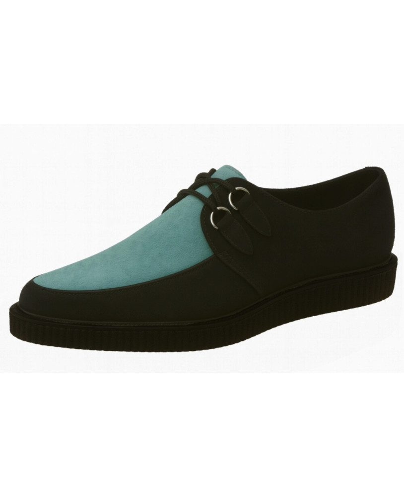 Creepers pointue en nubuck noir et aqua avec semelle simple en gomme de 3 cm.