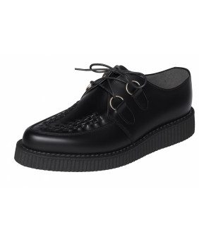 Nevermind black leather creepers with woven vamp and double D-ring, a blend of heritage and rebellious style.