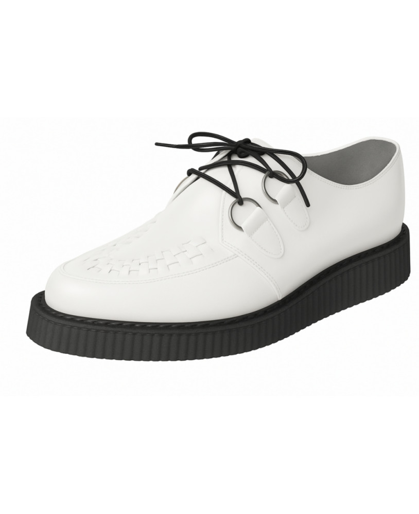 White pointed-toe creeper shoe by Nevermind – handmade from genuine leather with a 3 cm thick sole.