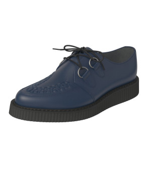 Modèle creeper Nevermind bleu marine à bout pointu – cuir véritable, finition tressée et semelle épaisse de 3 cm.