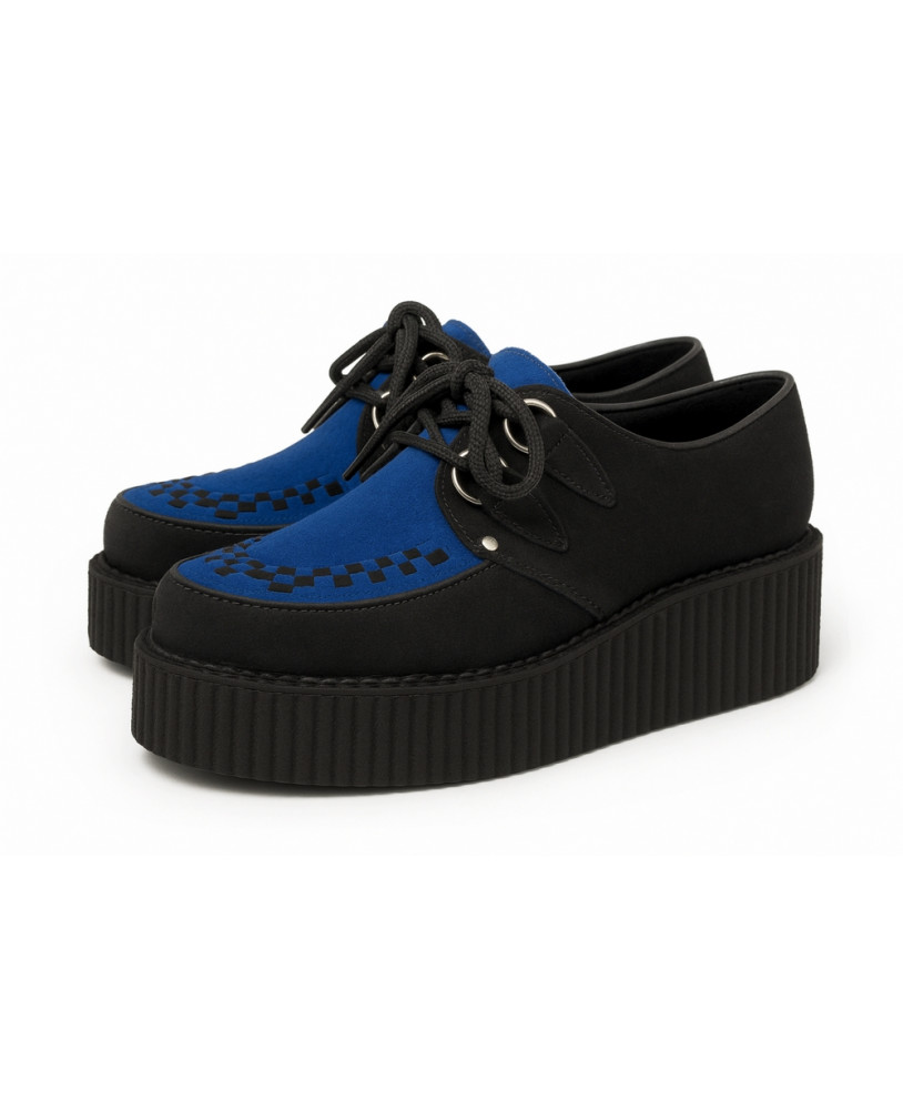 Creepers Nevermind in camoscio nero e blu royal, con doppia suola da 5 cm e intreccio nero a contrasto