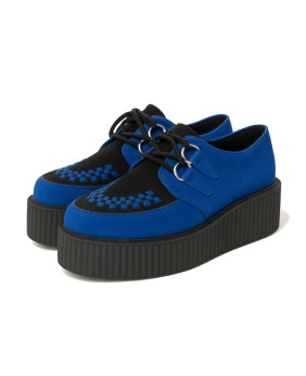 Nevermind creepers en suède bleu et noir, avec double semelle 5 cm et tressage bleu contrastant